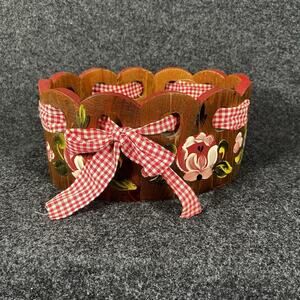 Vintage Wooden Hand Painted Basket Cottagecore Flower Decor Ribbon